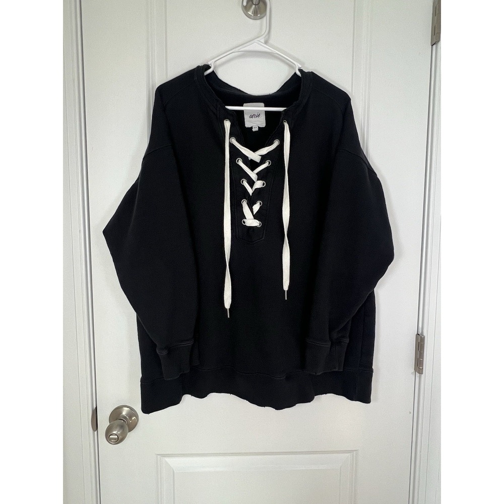 Women's Aerie Black Lace Up Sweatshirt Pullover Size Medium Oversized